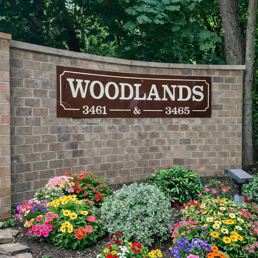 Community entrance sign with flower beds